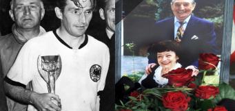 Fritz Walter mit dem WM-Pokal 1954 (li.) und auf dem Sterbebild mit Frau Italia (re.).