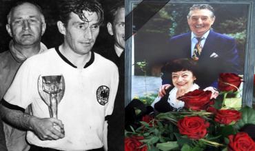 Fritz Walter mit dem WM-Pokal 1954 (li.) und auf dem Sterbebild mit Frau Italia (re.).